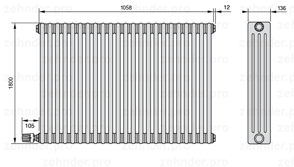 Схема (чертеж) Радиатор Zehnder Charleston 4180/23 №V003 Белый глянцевый RAL 9016